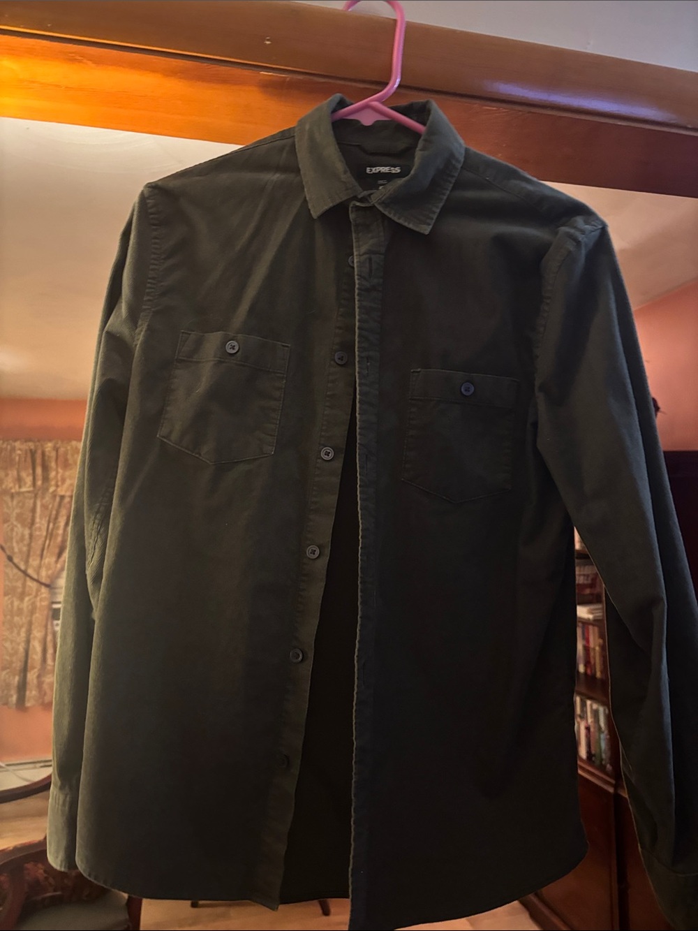 Express Men's Dark Olive Green Button-Front Shirt Jacket